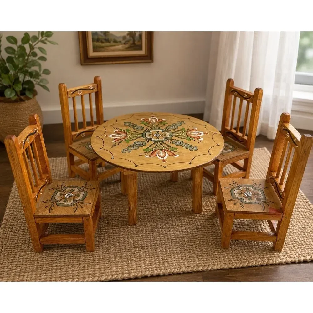 Vintage Handmade Hand Painted Folk Art Miniature Doll Table & 4 Chairs Wood Set